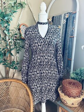 Altar’d State Paisley Choker Mini Dress Black Cream Boho Long Sleeve Medium